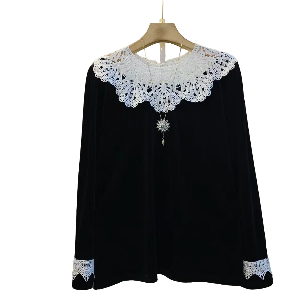 洋气新款镂空拼接丝绒气质显瘦上衣