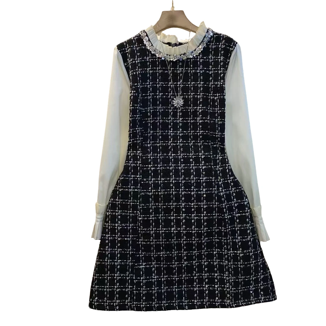 时尚新款小香拼接气质显瘦高级感百搭连衣裙（长89左右）