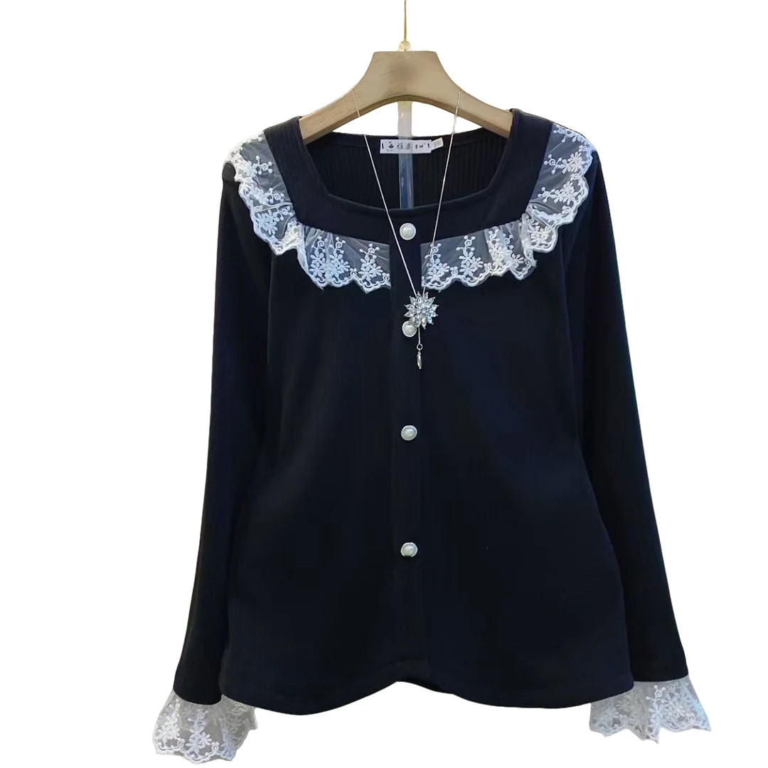 时尚新款拼接花边百搭气质方领显瘦磨毛上衣（长59左右）