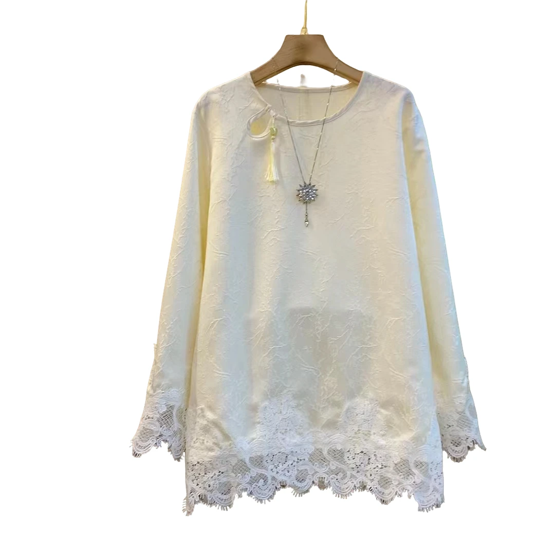 气质复古国风圆领拼接蕾丝花边宽松百搭上衣（长73左右）