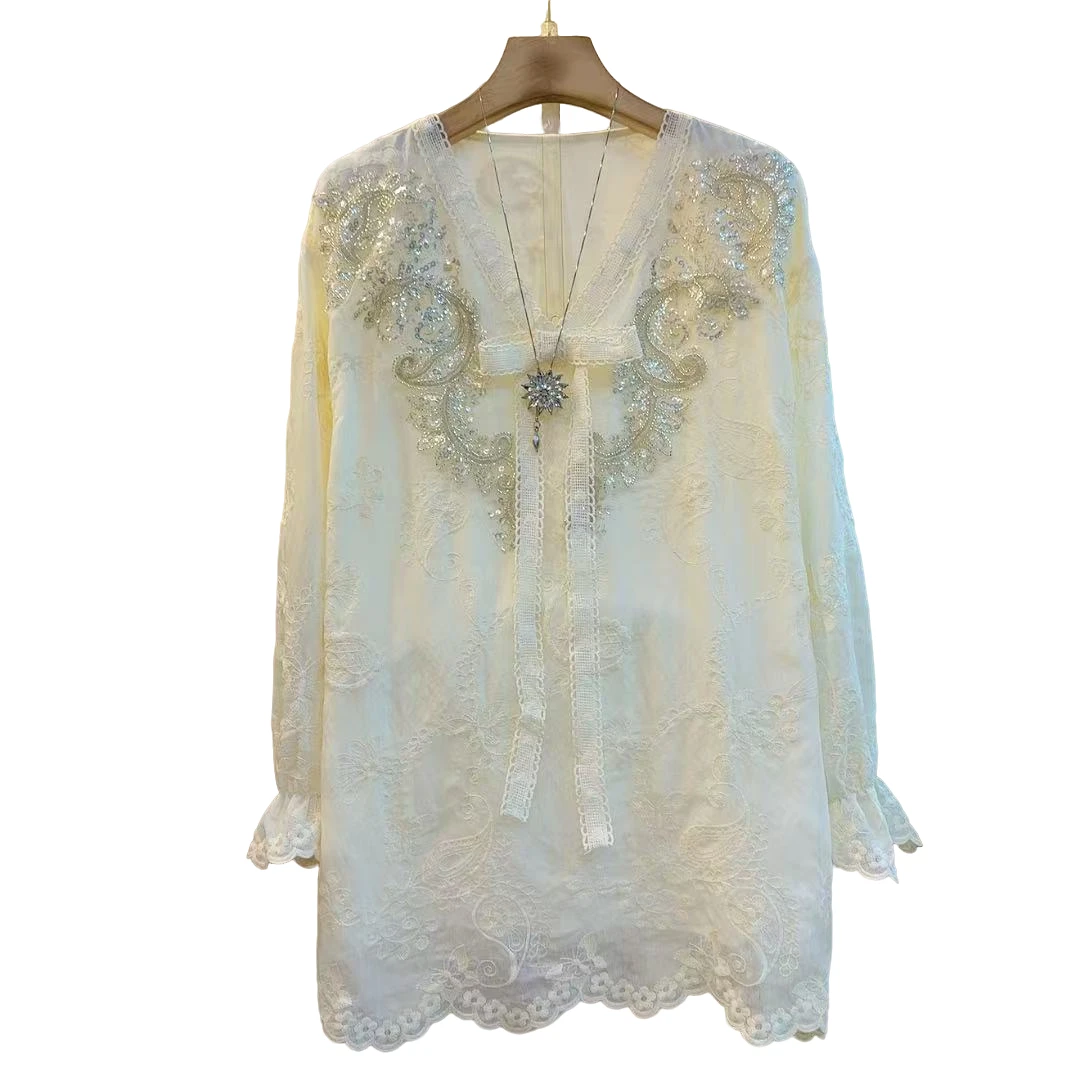 气质减龄新款V领重工拼接蝴蝶结设计感时尚百搭（长72左右）