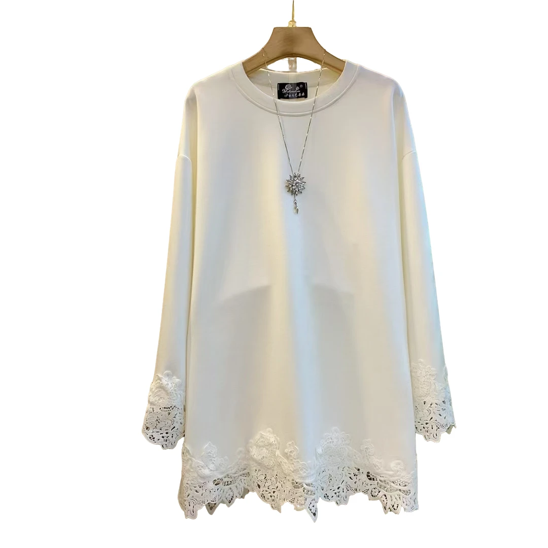 洋气新款时尚圆领百搭高级感拼接花边显瘦宽松长衫