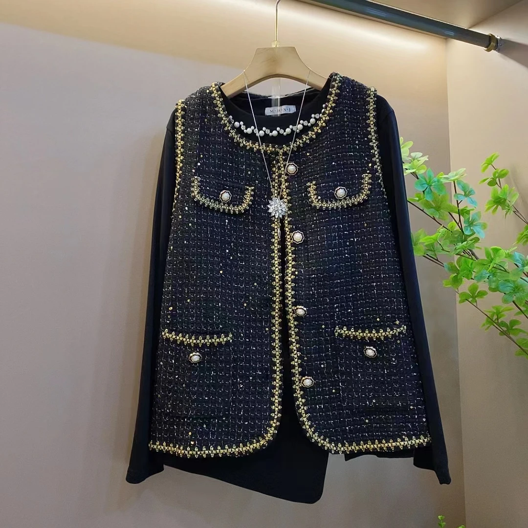 高级感重工钉珠百搭打底香风显瘦简约马甲两件套