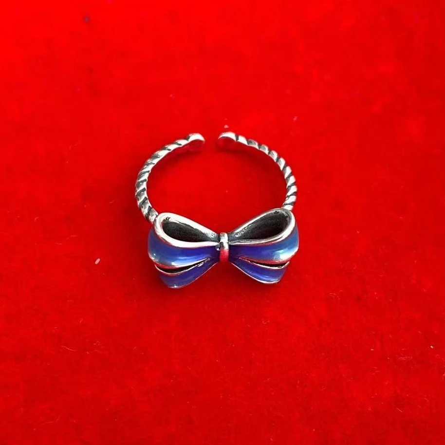 925银珐琅戒指 【軒喜枫】纯银蝴蝶结戒指开口手工烧蓝小蝴蝶可爱