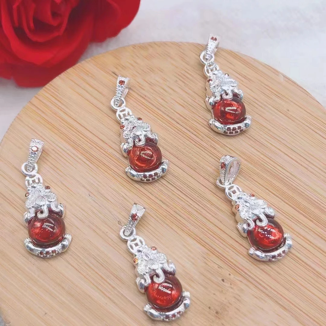 吊坠足银合成锆石 【軒喜枫】纯银貔貅吊坠气质镶嵌招财项链手工