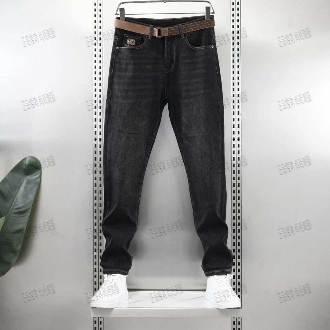 冬季拉绒加厚新款男士重磅水洗黑色猫须百搭潮流复古休闲牛仔裤子