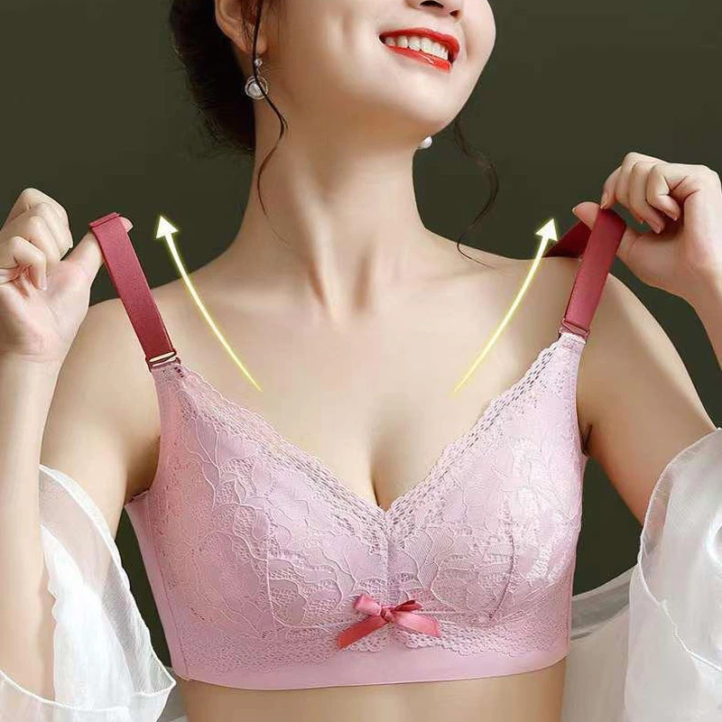 新品大胸显小乳胶内杯薄款大码蕾丝性感内衣调整型无钢圈文胸054