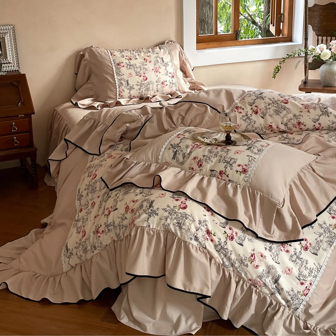 梅边Design【希维山庄】法式复古城堡欧式荷叶边拼接纯棉磨毛四件套