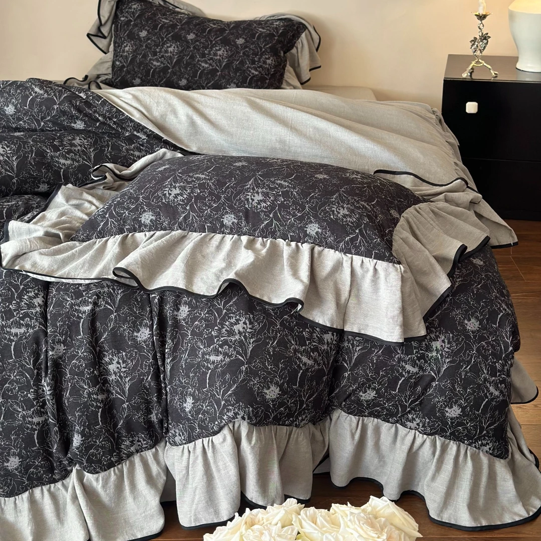 梅边Design【芙洛拉之诗】法式复古荷叶边全棉色织提花纯棉四件套