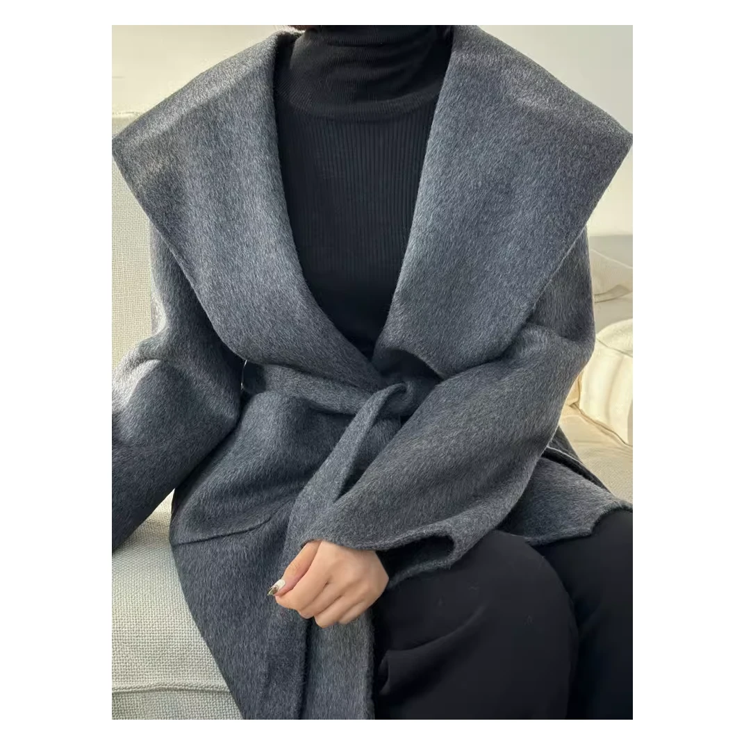 L15【满分冬日】长毛秋冬手缝羊毛大衣连帽小个子韩版双面呢大衣