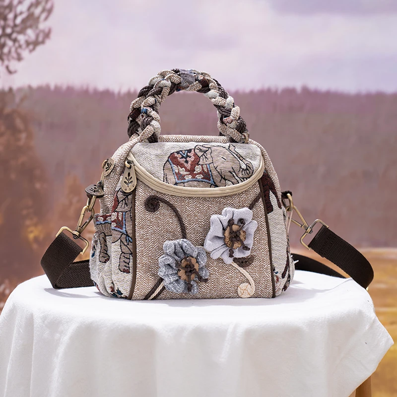 一抹异彩单肩斜挎包休闲原创棉麻手提布包女士包袋百搭女包布袋