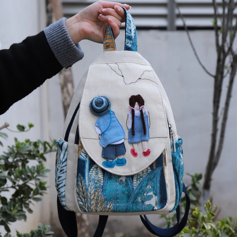 原创文艺可爱卡通双肩包小清新手工编织帆布包竖款轻便个性小背包