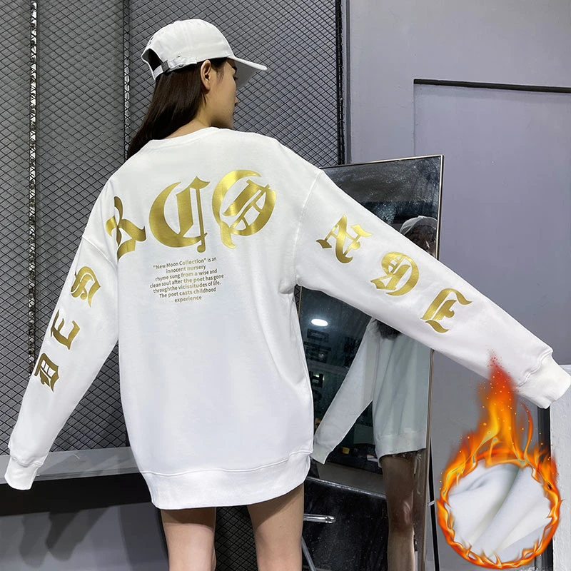 BY加绒潮牌冬季新款圆领卫衣/烫金字母男女同款时尚休闲上衣