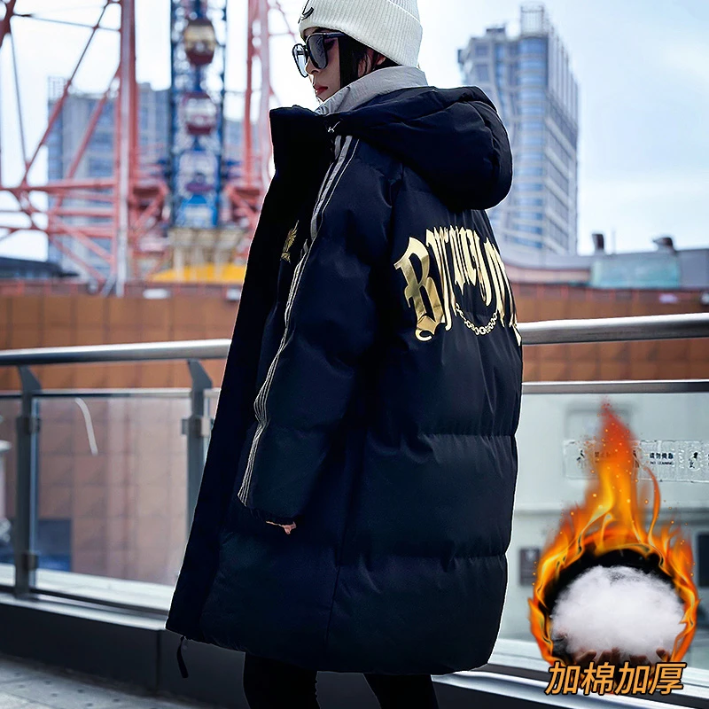 BY潮牌闪耀哥特字母中长款棉服/男女同款加棉保暖宽松冬季棉衣