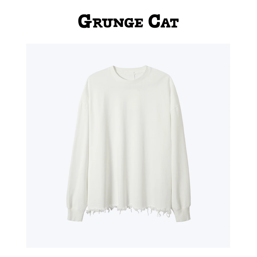Grunge Cat女士长袖纯色休闲宽松大落肩圆领手工下摆破丝长T恤