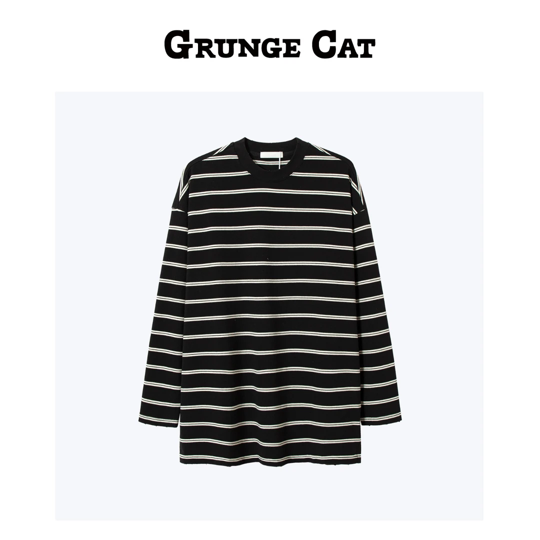 Grunge Cat女士圆领长袖休闲时尚套头百搭秋冬宽松条纹大落肩长T
