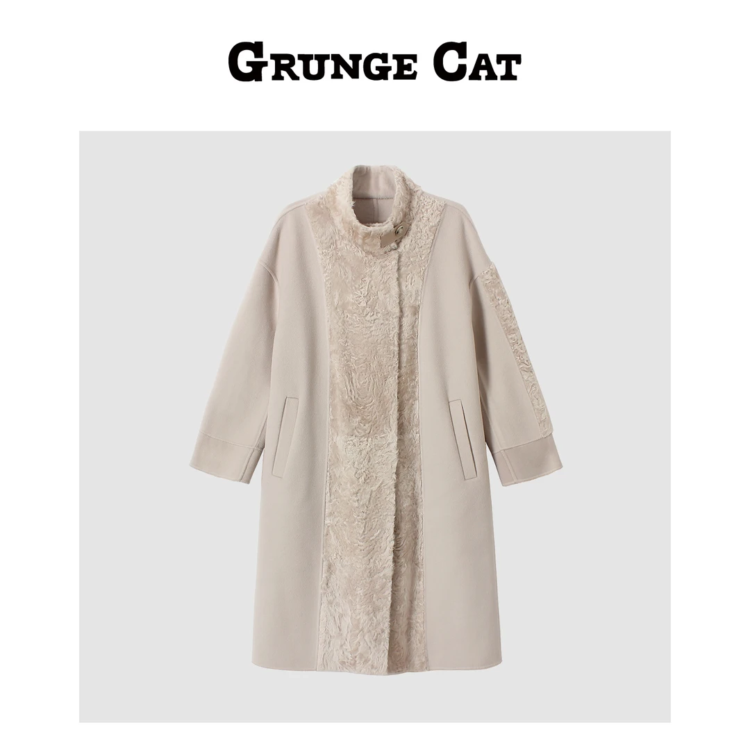 Grunge Cat女士撞色立领长款风衣时尚休闲气质宽松秋冬中长款