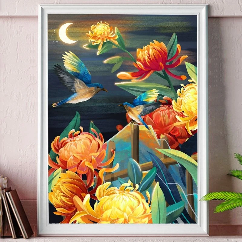 九月菊花十字绣印花线绣48色金丝布