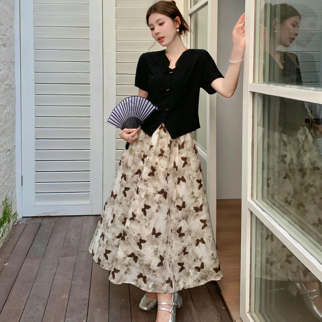 大码女装新中式裙子套装夏季遮肉显瘦半身裙短袖上衣两件套