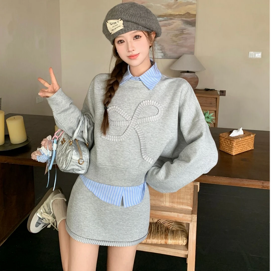 大码时尚套装女秋季长袖POLO领卫衣胖MM高腰包臀半裙两件套