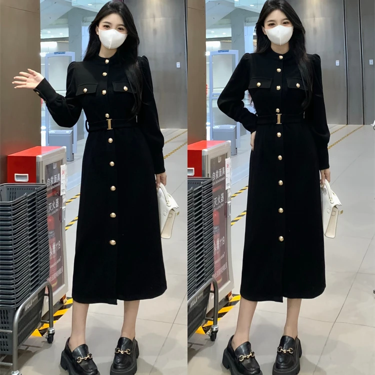 大码秋冬新款百搭立领中长款高级感气质收腰显瘦长袖连衣裙