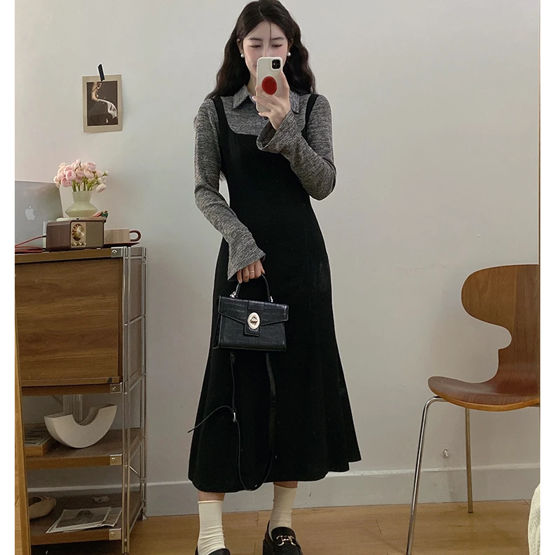 大码女装早秋衬衫领假两件长袖简约风清纯A字连衣裙胖MM