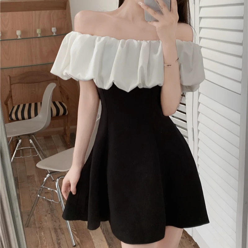 大码女装~气质名媛风法式一字领露肩荷叶边连衣裙收腰小黑裙