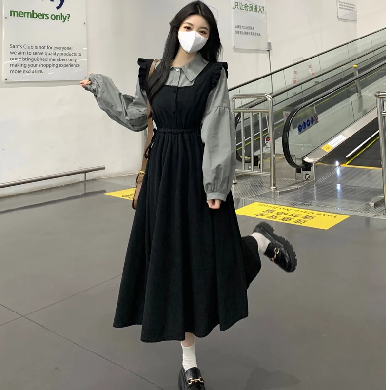 大码女装秋冬新款日系复古显瘦遮肚子学院风假两件长袖战袍连衣裙