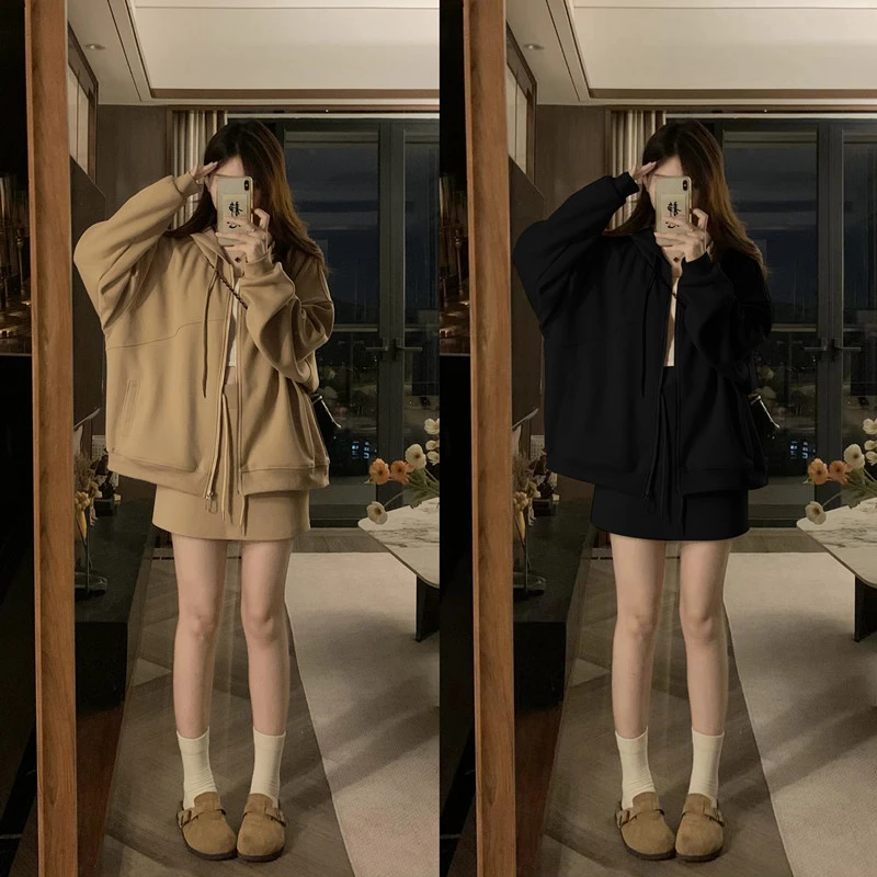 大码女装长袖加厚卫衣外套+高腰半身裙女秋季新款时尚两件套文