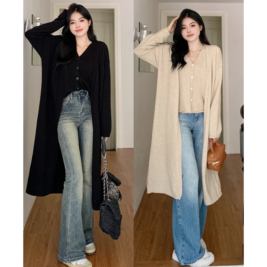 休闲针织毛衣套装御姐高级感慵懒风长款开衫外套+马甲两件套