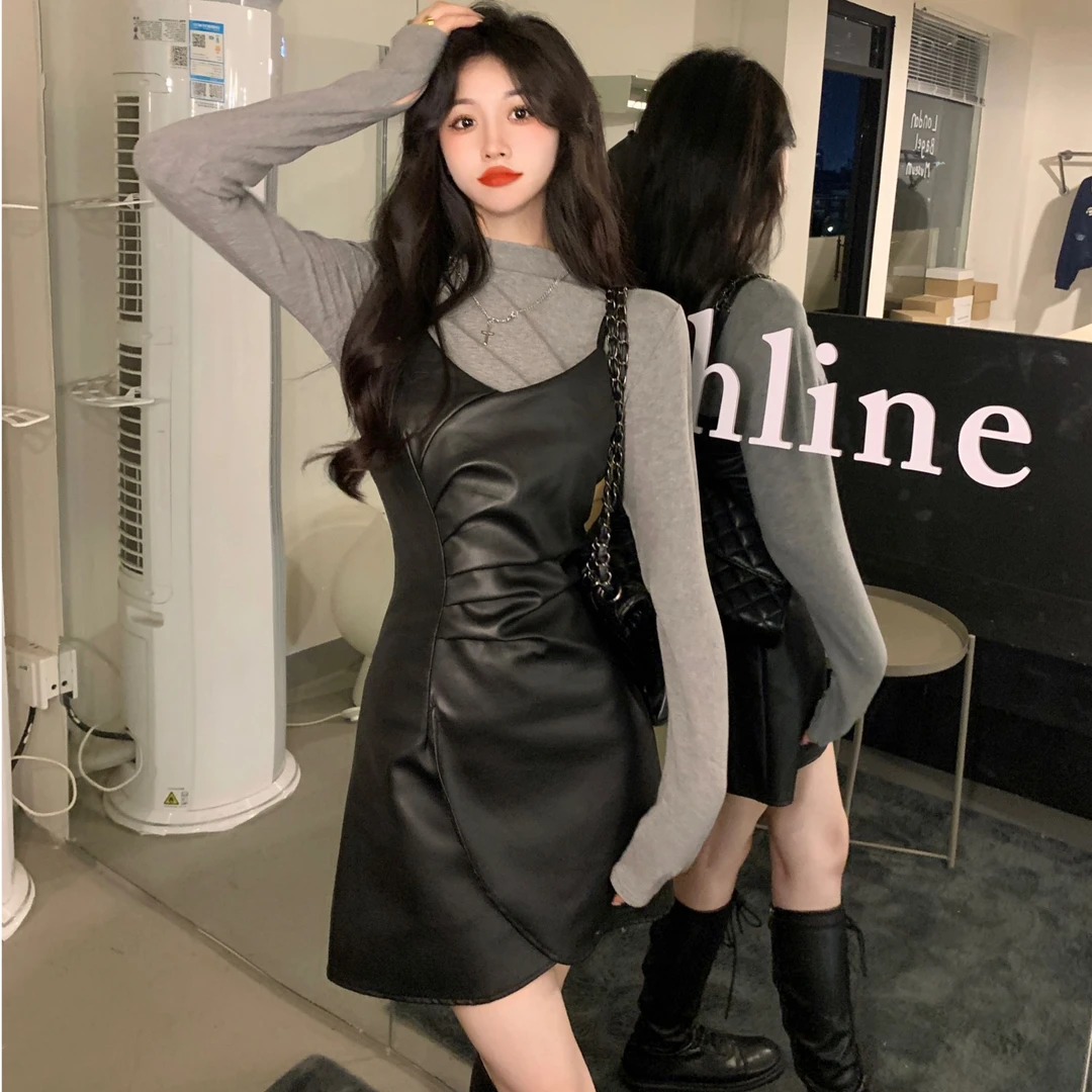 大码女装法式打底吊带连衣裙女秋冬胖MM高级感气质皮裙