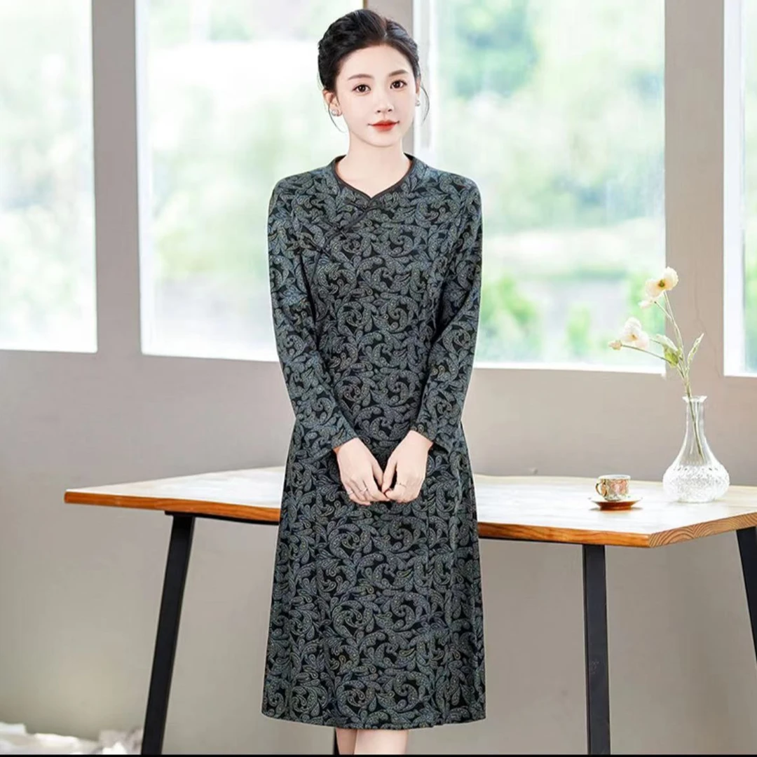 秋季新款长袖旗袍裙子中长款纸质优雅碎花连衣裙