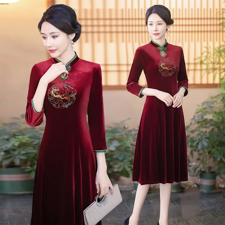 春秋季中年妈妈装显瘦旗袍裙长袖遮肉百搭连衣裙