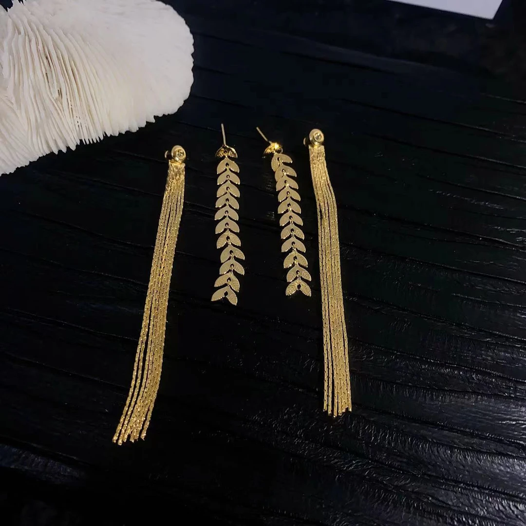 铜合金耳饰 麦穗流苏耳钉时尚轻奢长款流苏百搭气质精致个性耳饰