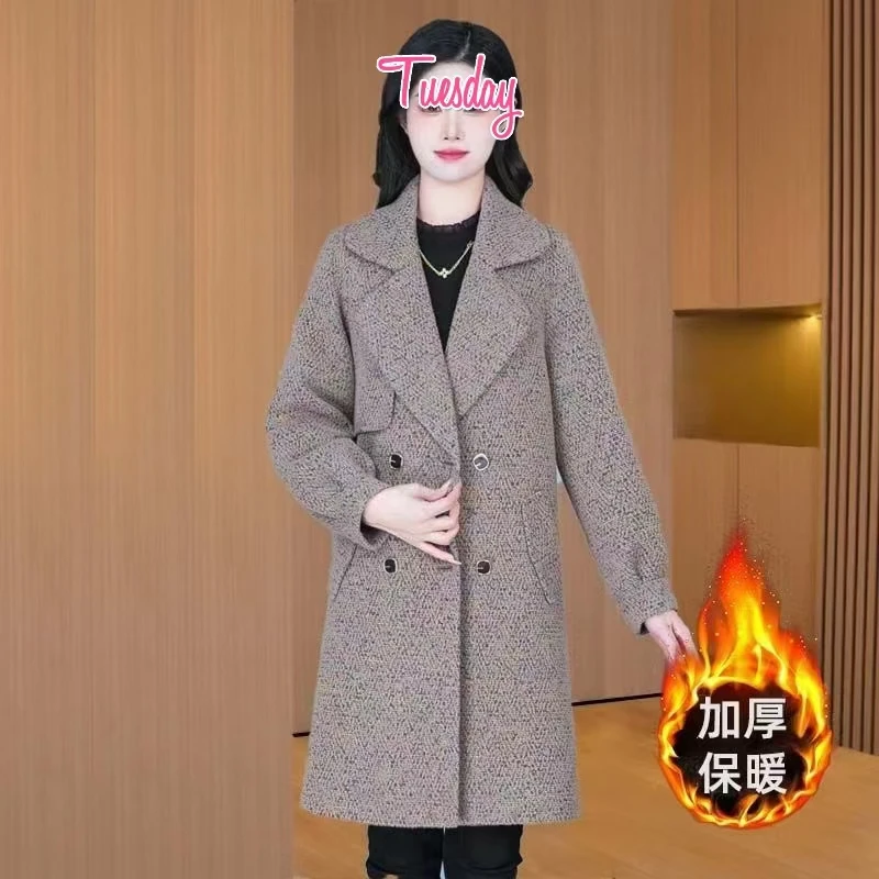 大码女装高级感2025春秋新款时尚百搭中长款气质显瘦上衣毛呢外套