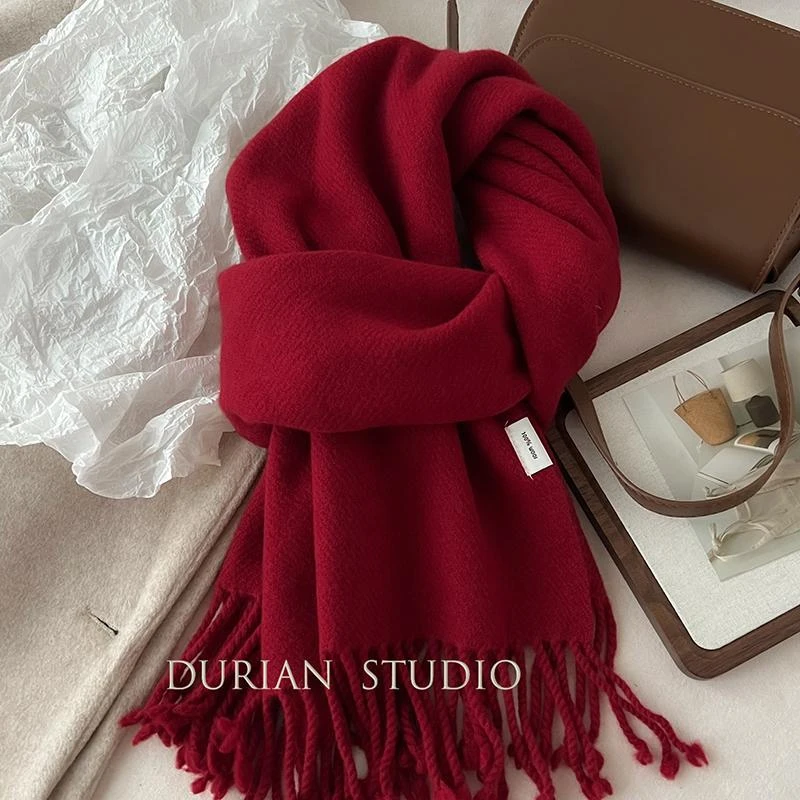 水波纹100%纯羊毛围巾女秋冬季安可拉红百搭加长加厚围脖披肩两用
