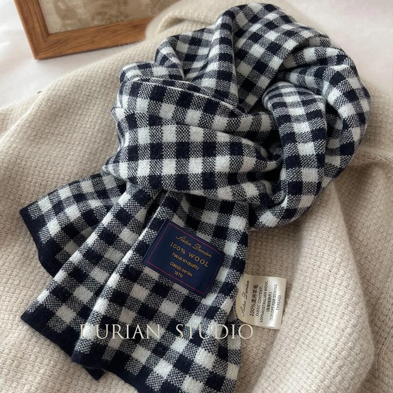 精选澳洲纯羊毛100%羊绒围巾新款格子百搭男女冬季保暖针织围脖