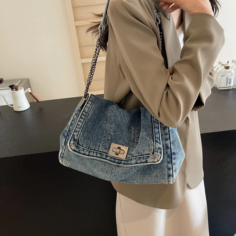 牛仔布包包女托特包大容量可斜挎2025新款休闲链条单肩通勤包2051