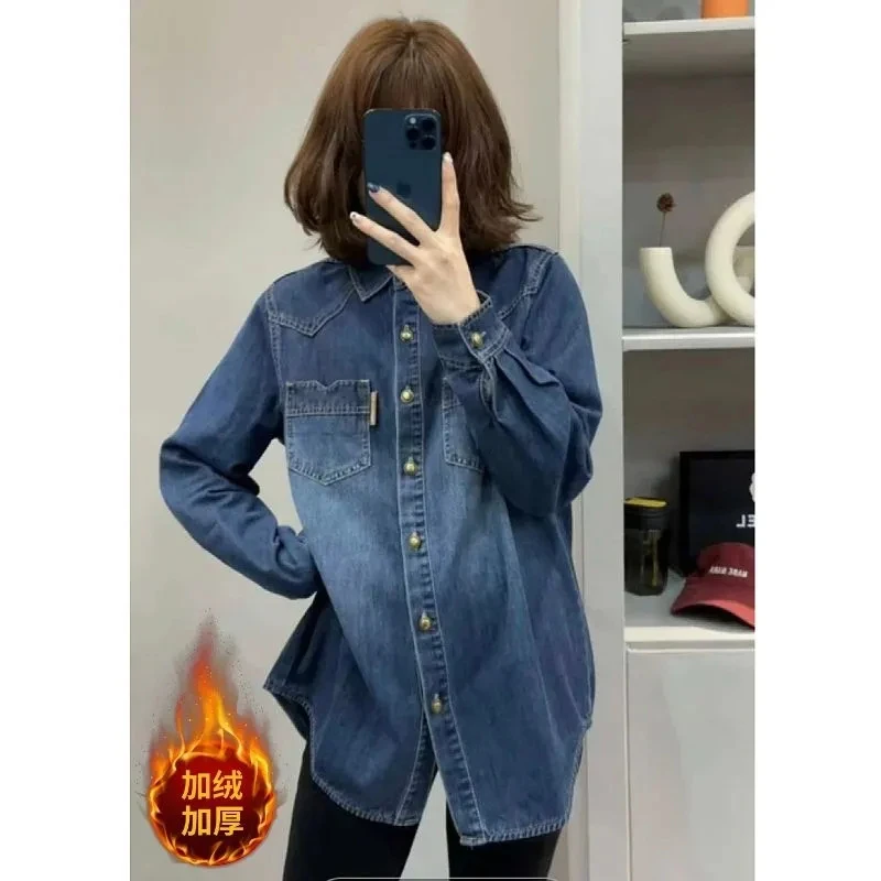 加绒牛仔衬衫长袖秋冬新款宽松内搭叠穿上衣休闲加厚衬衣外套