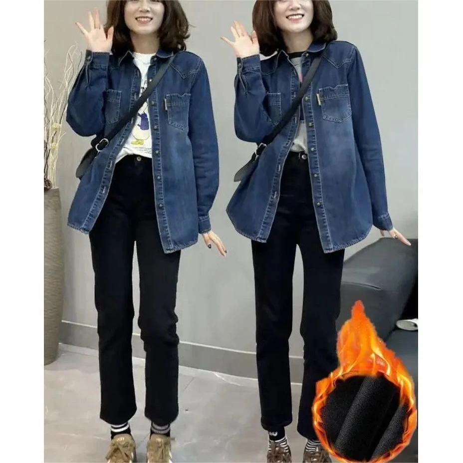 加绒牛仔衬衫长袖秋冬新款宽松2025内搭叠穿上衣休闲加厚衬衣外套