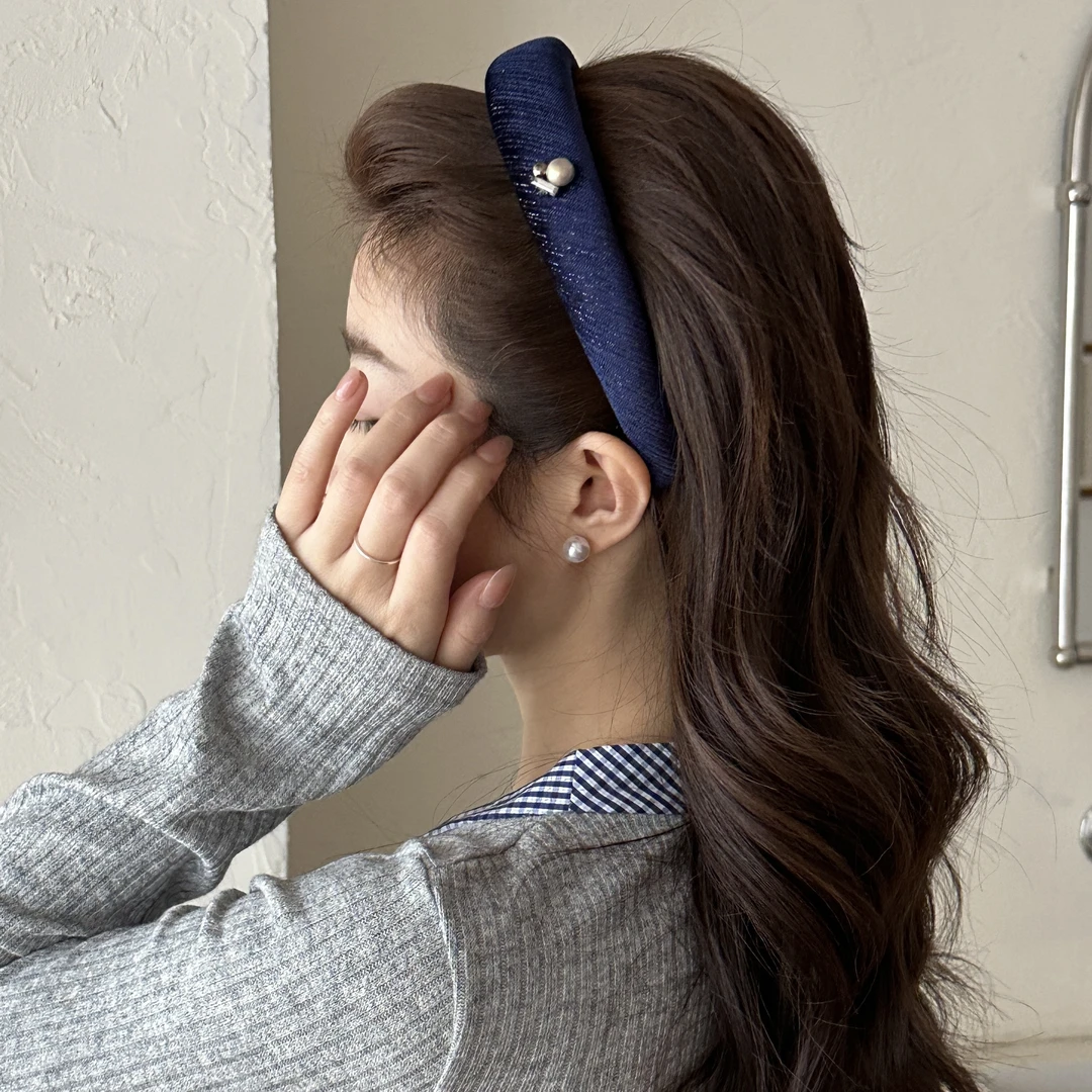 E3914高颅顶格纹2024新款秋冬蓝色发捆压发卡高级感女款头箍头饰