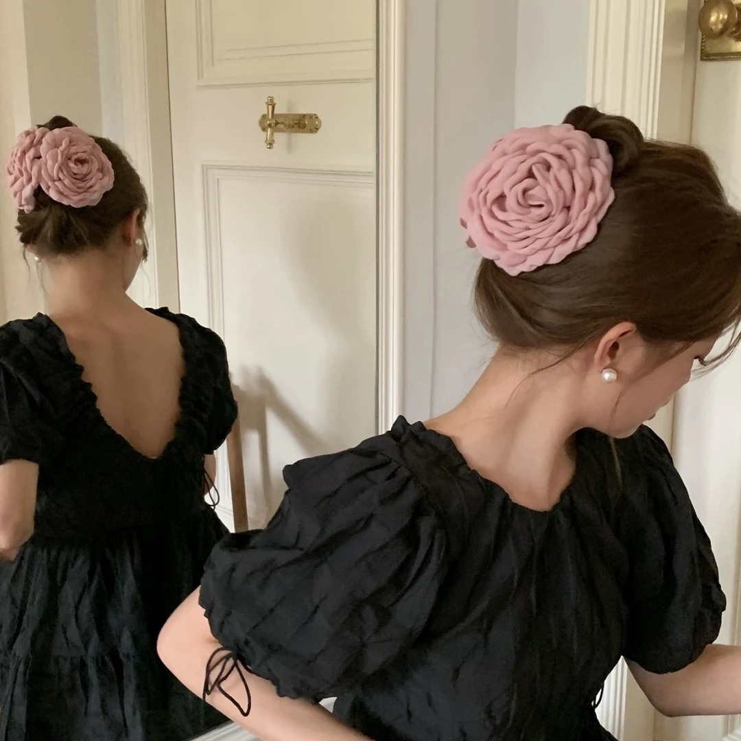 E3093 春夏新款花朵网红玫瑰花朵8CM抓夹布艺抓夹半抓  caro同款