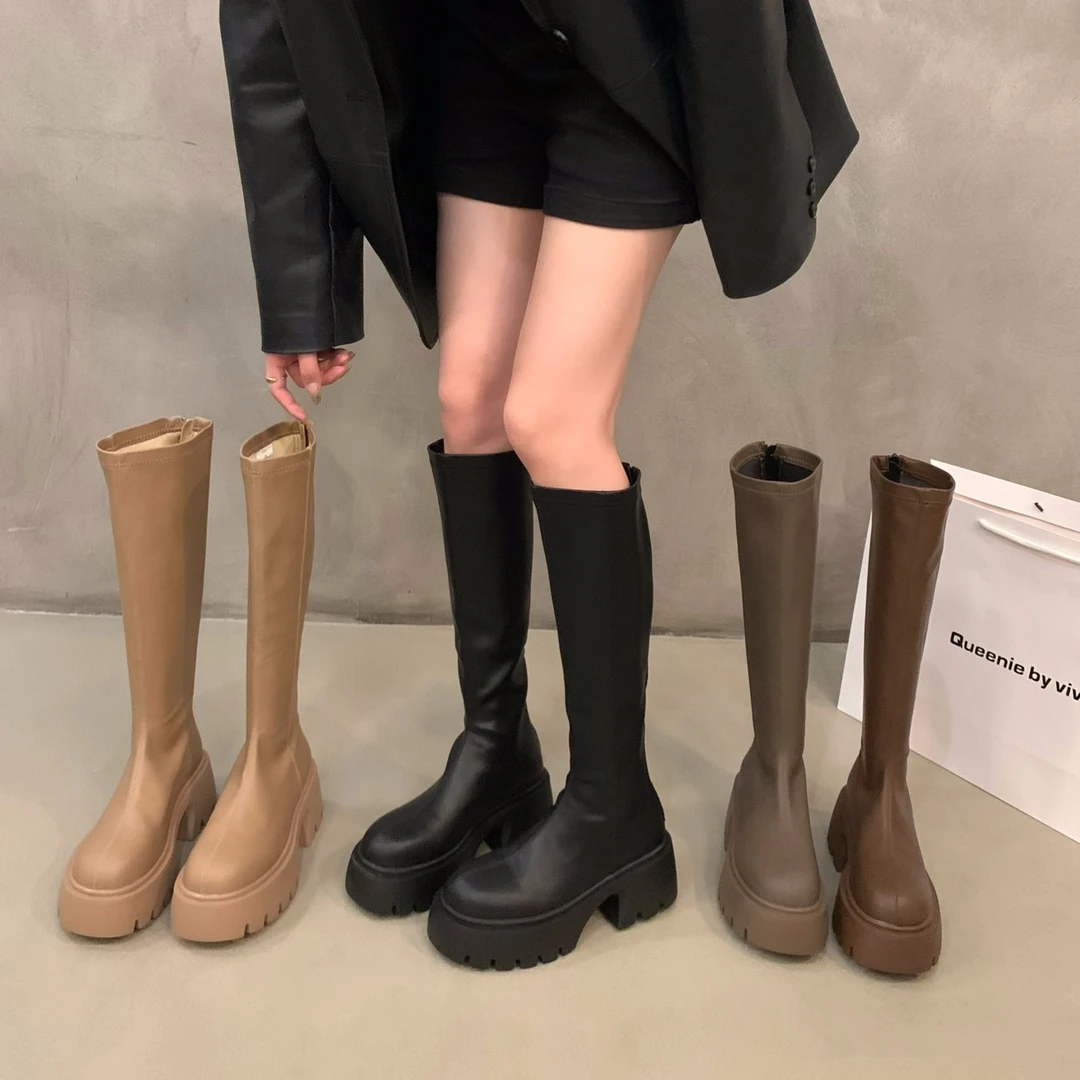 网红百搭厚底高筒靴女2023秋冬英伦风骑士靴女粗跟中筒靴瘦瘦靴女