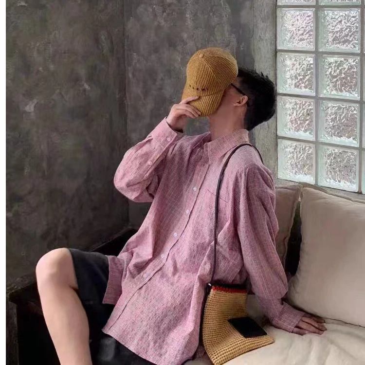长款时尚休闲粉色长袖泡泡纱衬衫
