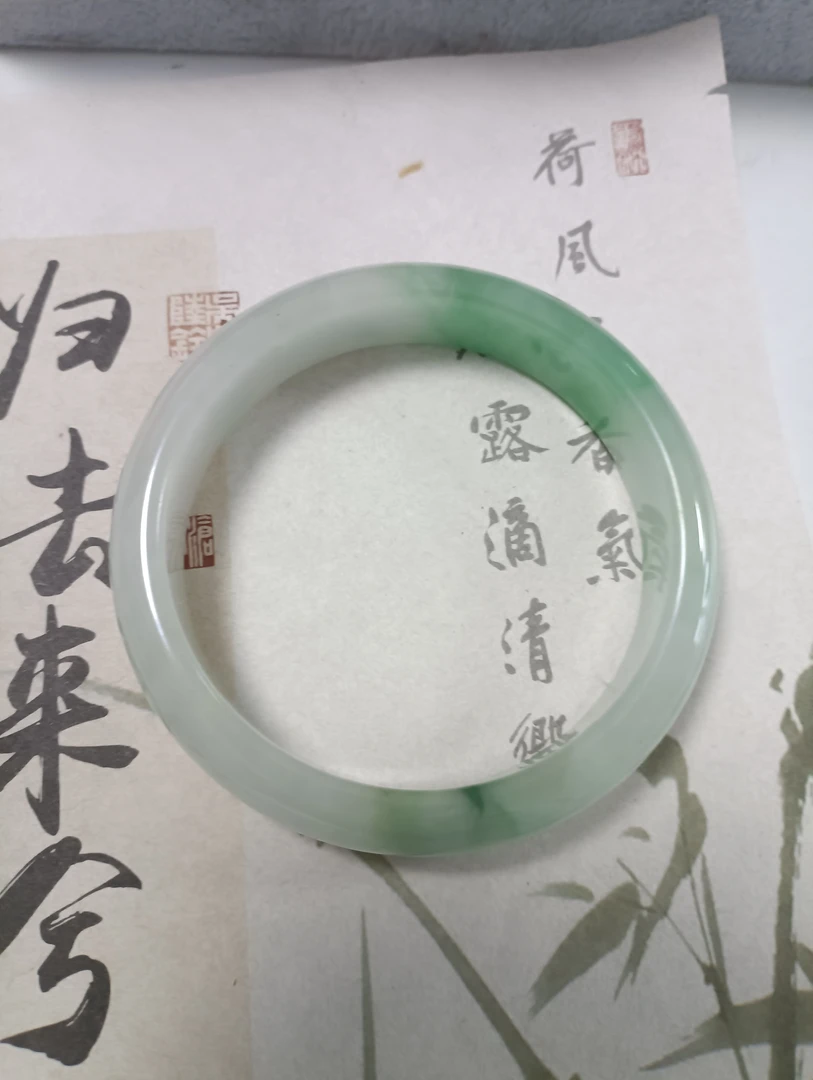 X431 五九加冰透飘绿花缅甸翡翠手镯