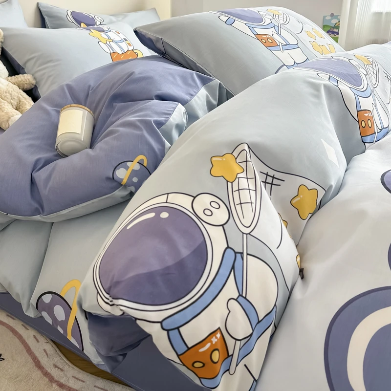 卡通纯棉床上四件套全棉太空人儿童床品被套宿舍床单三件套床笠款