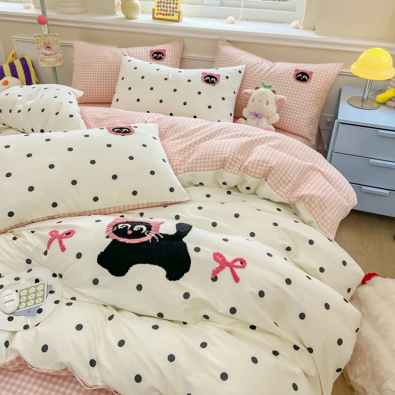 【点点猫】毛巾绣四件套100全棉波点加厚可爱双面女孩学生绣花