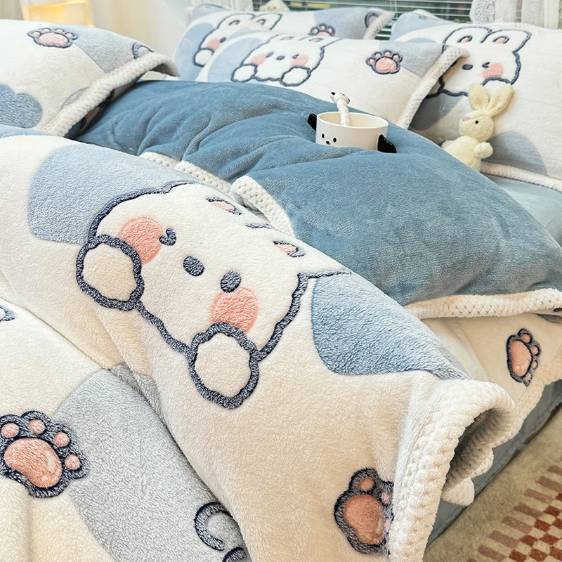 加厚牛奶绒四件套暖秋冬季珊瑚绒双面床单人被套法兰绒加绒三件套