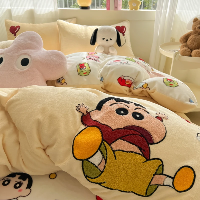 蜡笔小新牛奶绒床上四件套冬季加厚被套床单珊瑚绒单人宿舍三件套