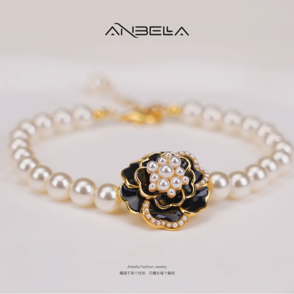 铜合金仿珍珠手链 经典山茶花元素白色法式手链百搭小香风10831